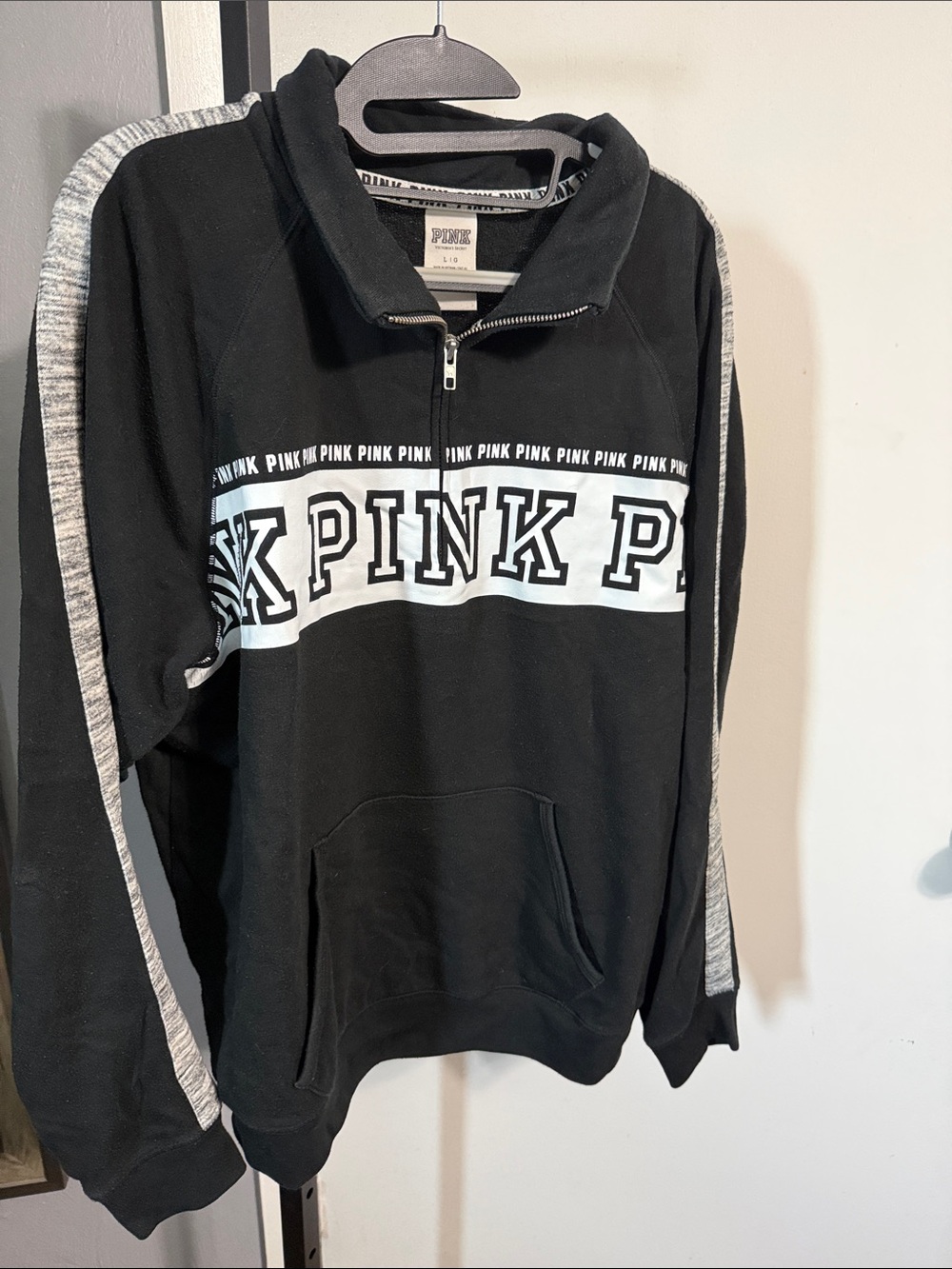 PINK Victoria's Secret Black Half-Zip Pullover with Gray Sleeve Stripes (L)